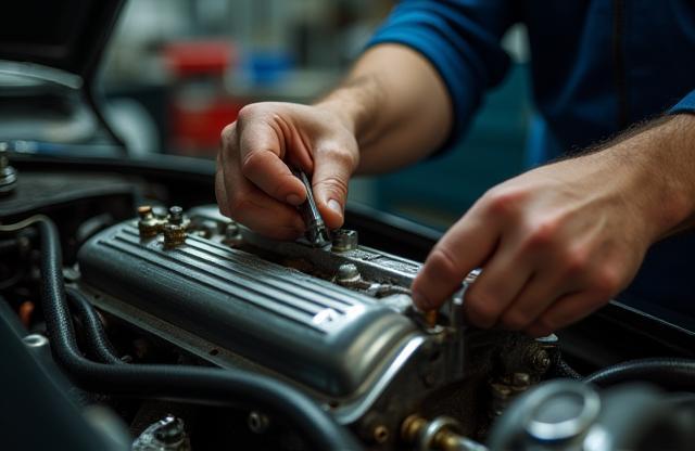 Close-up view of skilled hands working on a classic car engine